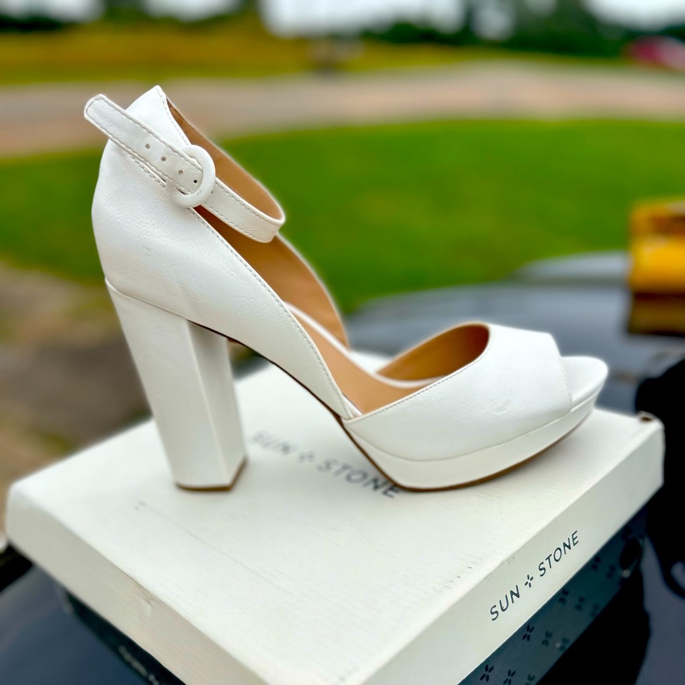 Never Worn Sun + Stone White Block Heel